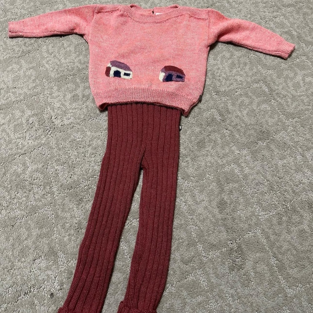 Oeuf Pink and Burgundy Knit Sweater and Pants Set 8/24 months alpaca wool